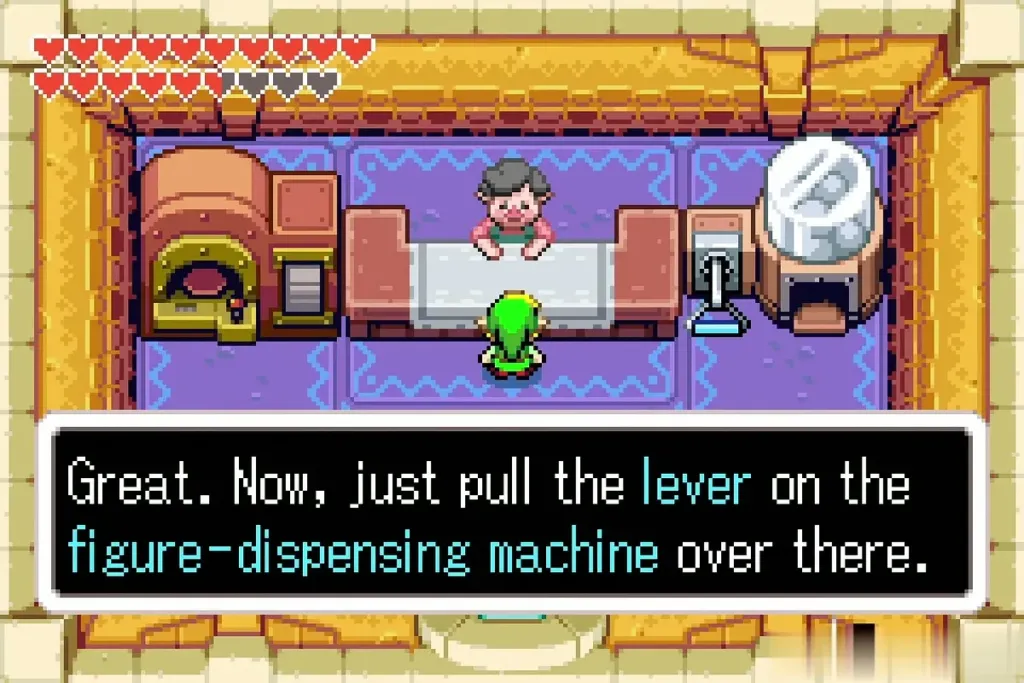 Carlov telling Link to pull the lever on the figurine machine Carlov telling Link to pull the lever on the figurine machine