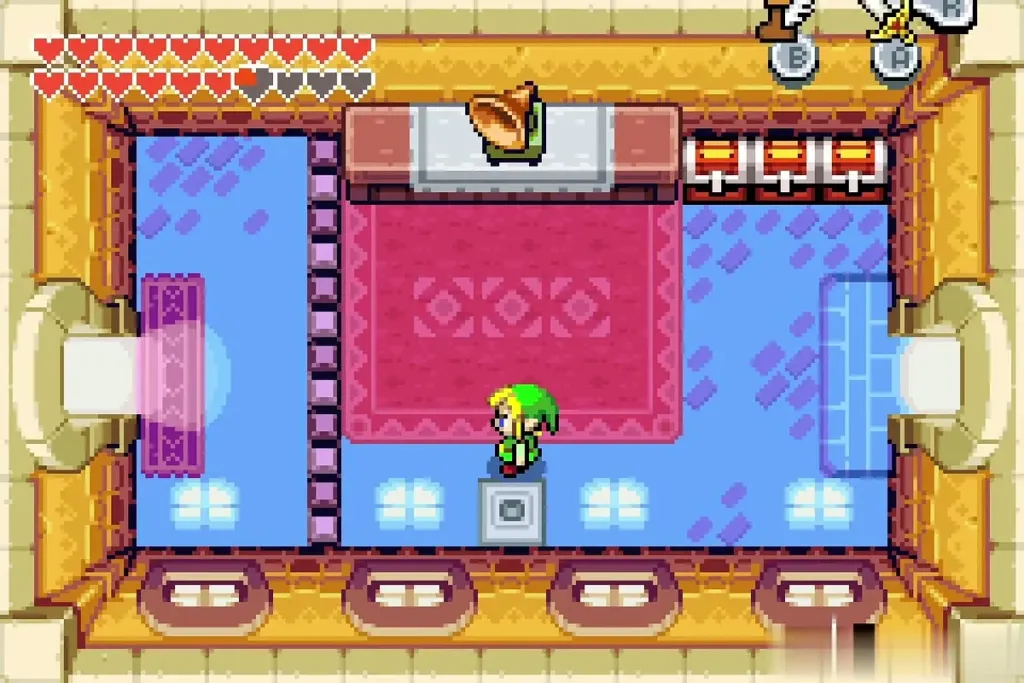 Link inside Herb's house with the chests and phonograph Link inside Herb's house with the chests and phonograph