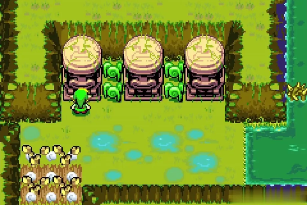 Link beside the three Mysterious Statues with white birds fluttering at the lower left Link beside the three Mysterious Statues with white birds fluttering at the lower left