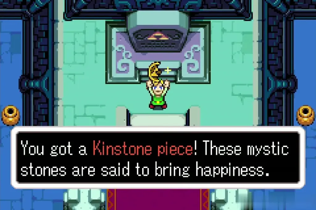 Link holding up the gold Kinstone piece from King Gustaf Link holding up the gold Kinstone piece from King Gustaf