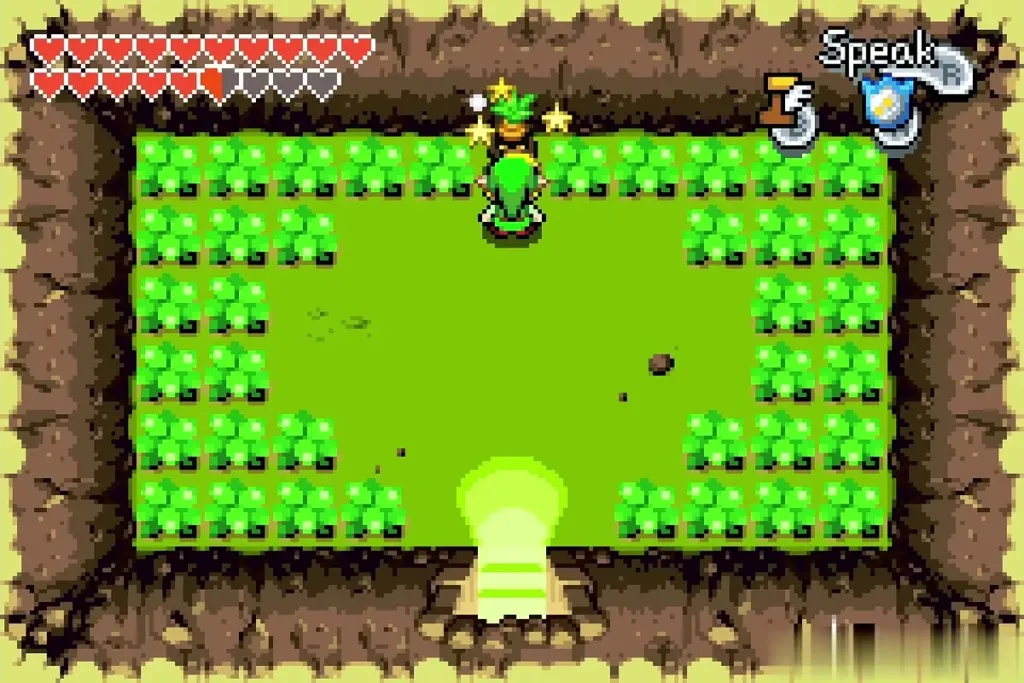 Link facing the Business Scrub in its hidden room in the Minish Woods Link facing the Business Scrub in its hidden room in the Minish Woods