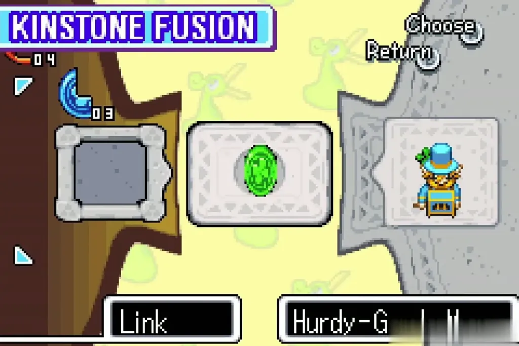 Green Kinstone halves joined with the Hurdy-Gurdy Man on the fusion screen Green Kinstone halves joined with the Hurdy-Gurdy Man on the fusion screen