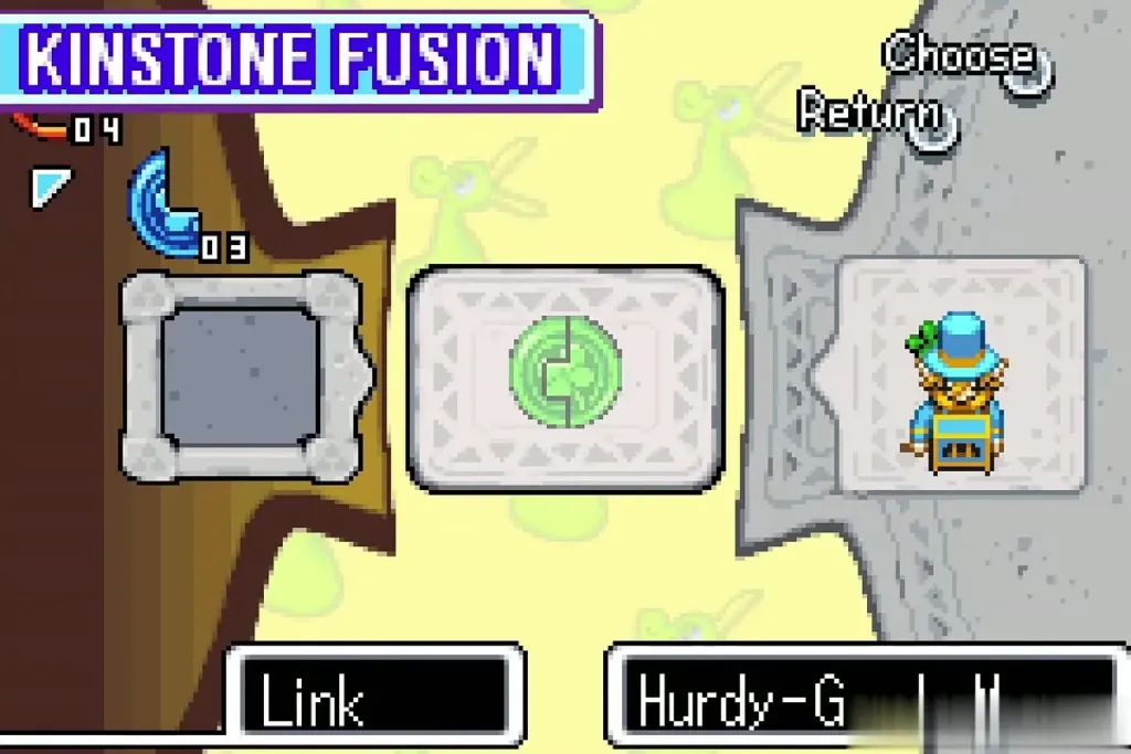 Kinstone Fusion screen with Link's green piece beside the Hurdy-Gurdy Man's piece Kinstone Fusion screen with Link's green piece beside the Hurdy-Gurdy Man's piece
