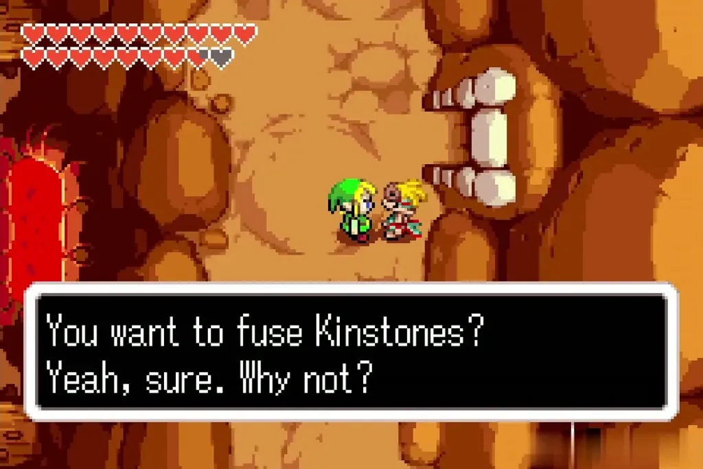 Link talking to a Mountain Minish in a cave who agrees to fuse Kinstones Link talking to a Mountain Minish in a cave who agrees to fuse Kinstones