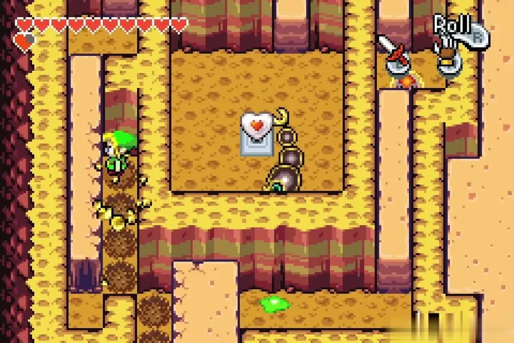 Link digging through sand toward a Piece of Heart on a pedestal on Mt. Crenel Link digging through sand toward a Piece of Heart on a pedestal on Mt. Crenel