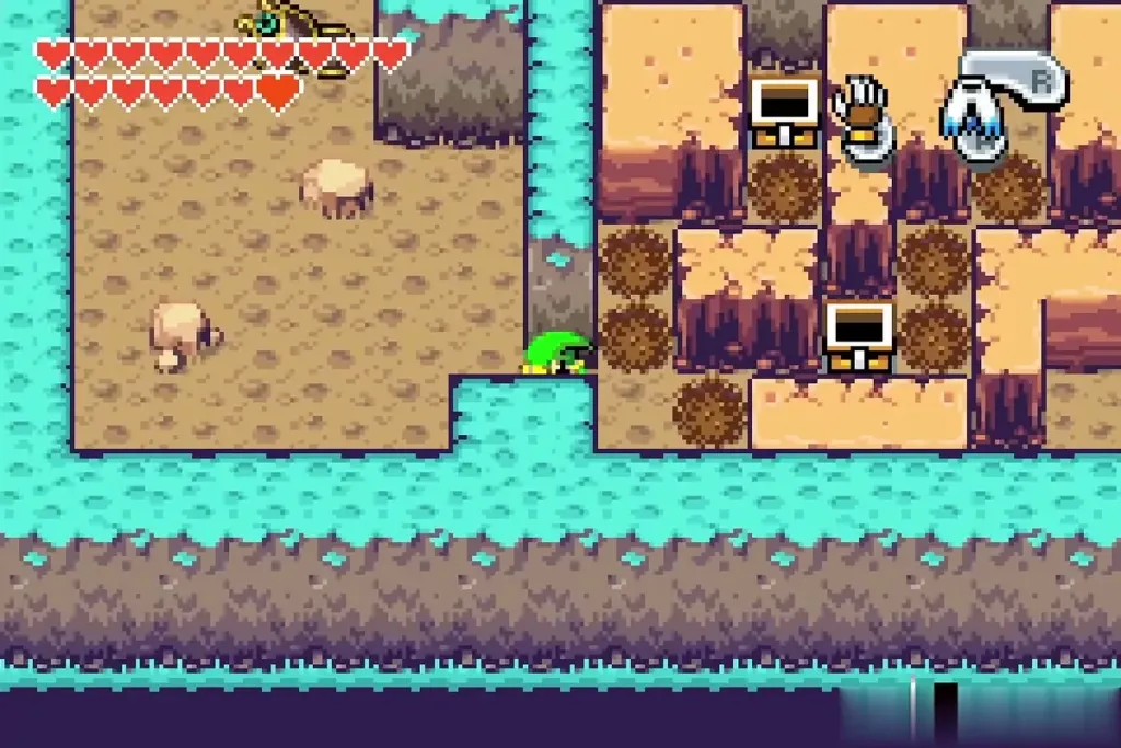 Link digging through the sandy Lake Hylia cave toward the Mysterious Wall Link digging through the sandy Lake Hylia cave toward the Mysterious Wall