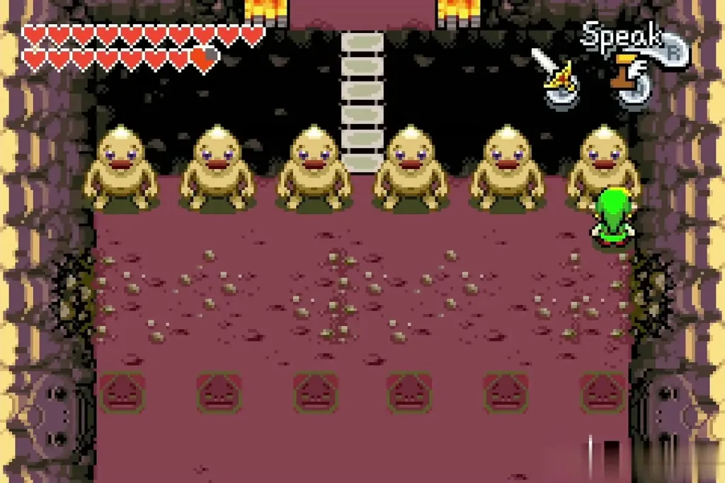 Link beside the far-right Goron of the six Gorons lined up inside the Goron Cave Link beside the far-right Goron of the six Gorons lined up inside the Goron Cave