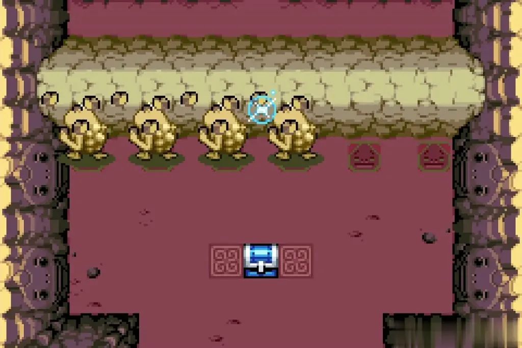Four Gorons at the wall with a sparkle, the blue chest view shut in the middle Four Gorons at the wall with a sparkle, the blue chest view shut in the middle