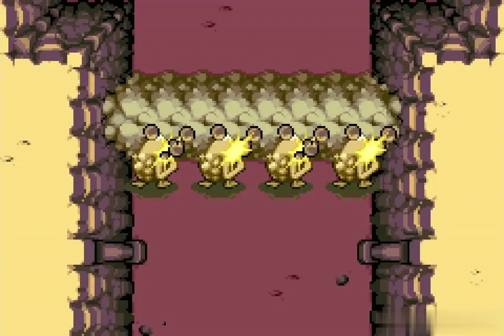Four Gorons in a row chipping the wall Four Gorons in a row chipping the wall