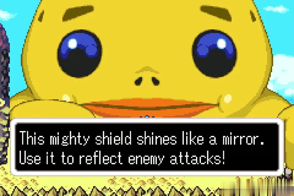 Biggoron saying the shield shines like a mirror and reflects enemy attacks Biggoron saying the shield shines like a mirror and reflects enemy attacks