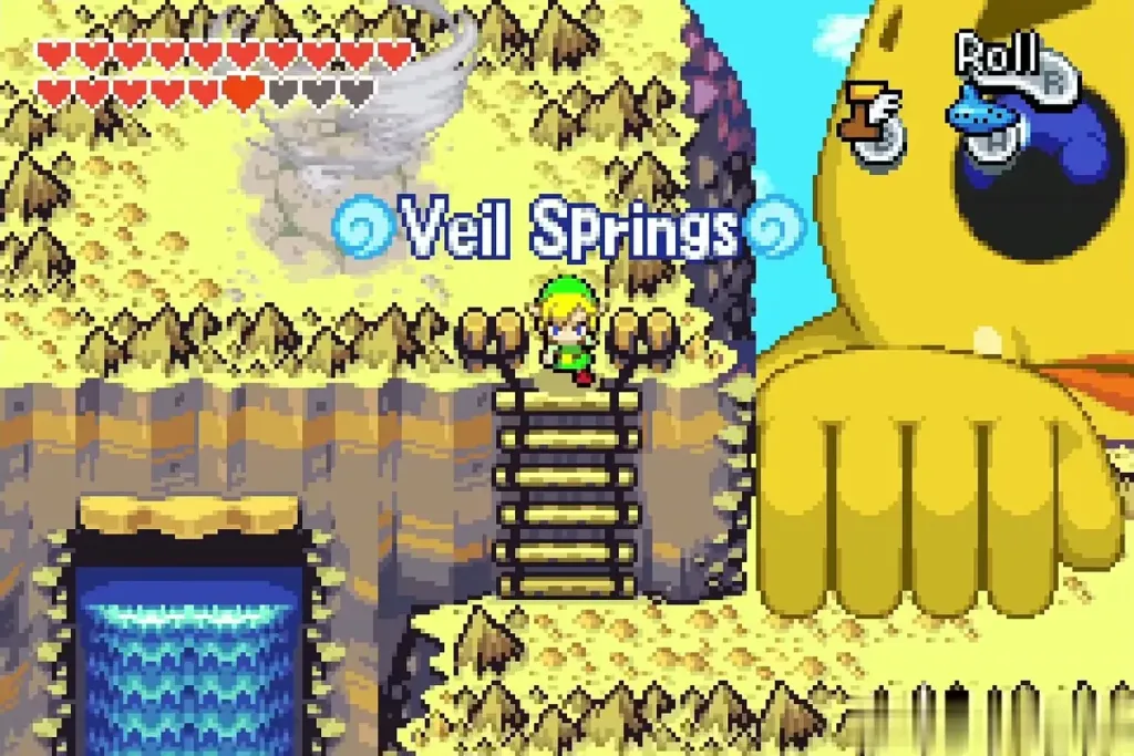 Link climbing the ladder at Veil Springs beside Biggoron's huge hand Link climbing the ladder at Veil Springs beside Biggoron's huge hand