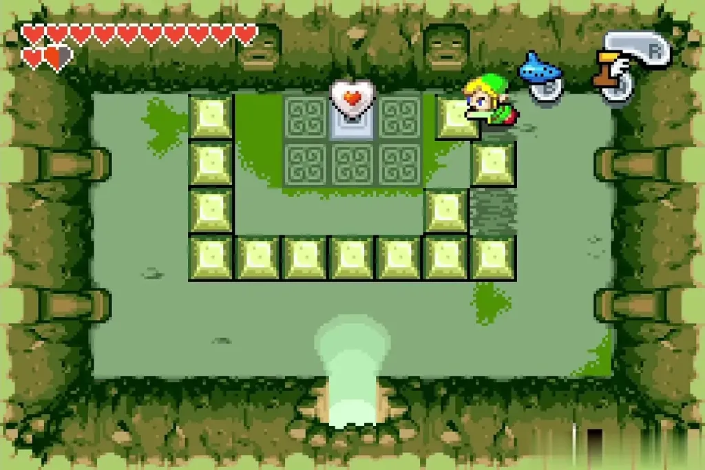 Link in the block cave beside the Piece of Heart on its pedestal Link in the block cave beside the Piece of Heart on its pedestal