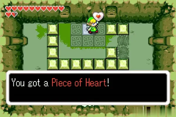Link holding up the Piece of Heart in the block cave Link holding up the Piece of Heart in the block cave