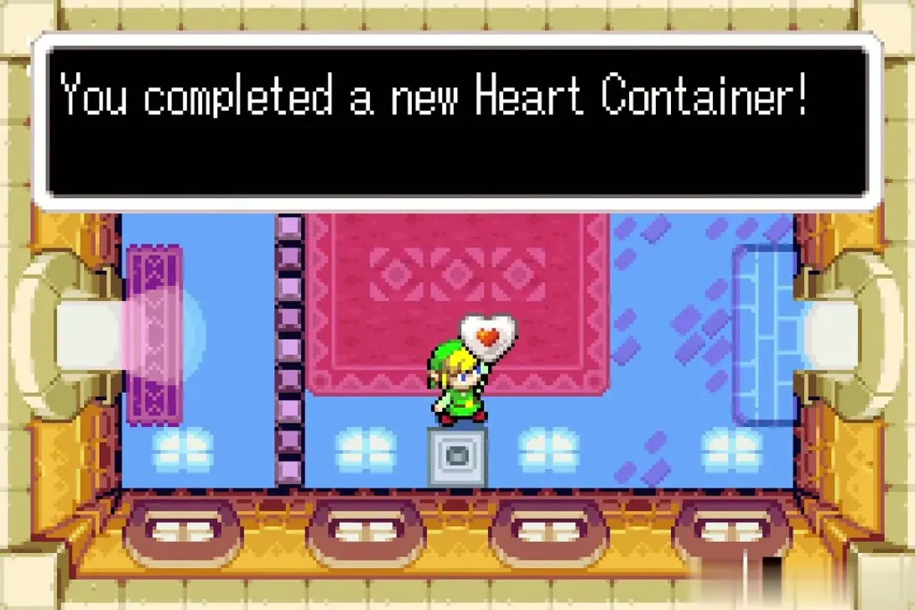 Link on the pedestal as the last Heart Container is completed Link on the pedestal as the last Heart Container is completed