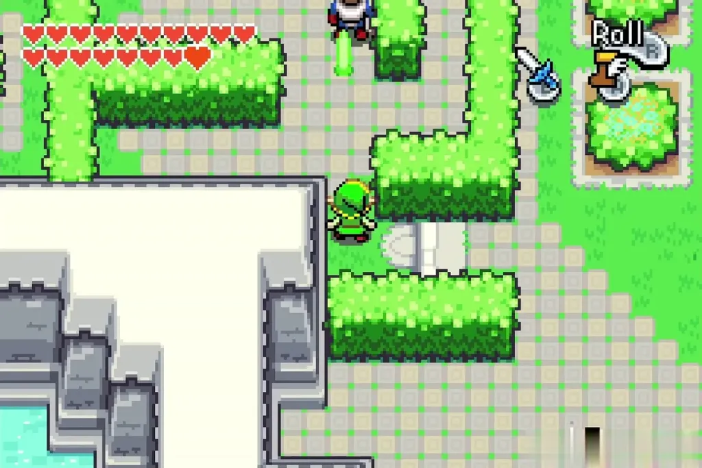 Link slipping past a guard in the castle garden hedge maze Link slipping past a guard in the castle garden hedge maze