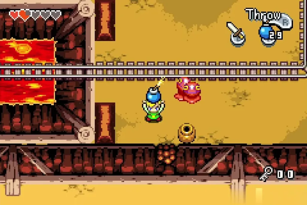 Link carrying a lit bomb toward the cracked wall in the Cave of Flames Link carrying a lit bomb toward the cracked wall in the Cave of Flames