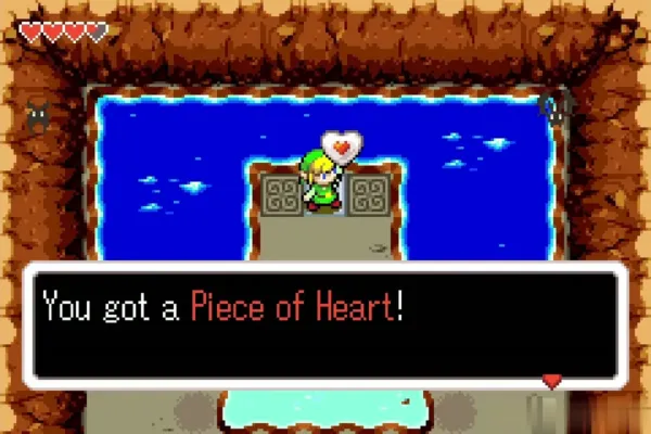 Link holding up the Piece of Heart in the Crenel Base cave Link holding up the Piece of Heart in the Crenel Base cave
