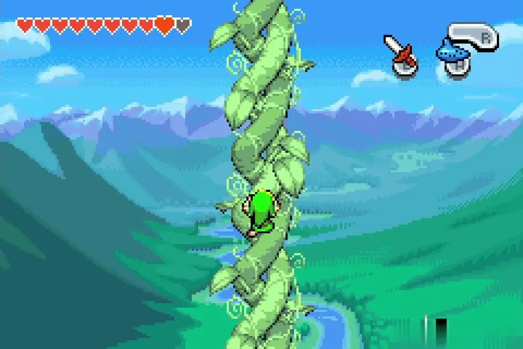 Link climbing the beanstalk above the mountain valley Link climbing the beanstalk above the mountain valley