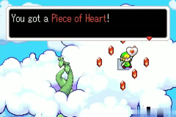 Link on the cloud holding up the Piece of Heart among red rupees Link on the cloud holding up the Piece of Heart among red rupees