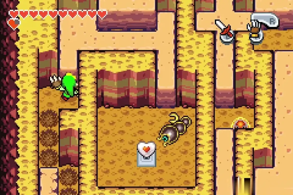 Link digging through the sand toward the heart pedestal in the Mole Mitts cave Link digging through the sand toward the heart pedestal in the Mole Mitts cave