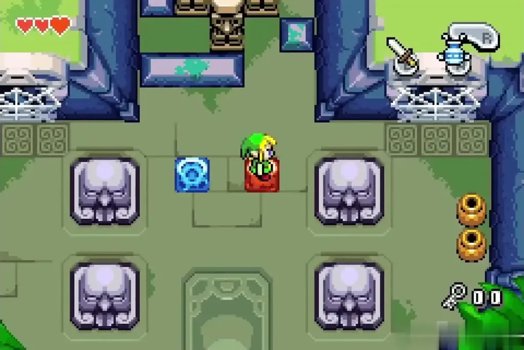 Link on the red switch beside the blue warp pad in Deepwood Shrine Link on the red switch beside the blue warp pad in Deepwood Shrine