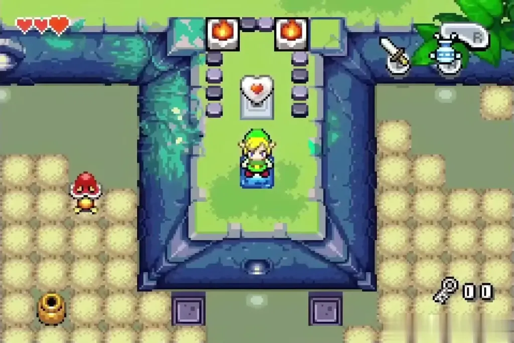 Link on the blue pad before the ledge pedestal with the Piece of Heart Link on the blue pad before the ledge pedestal with the Piece of Heart