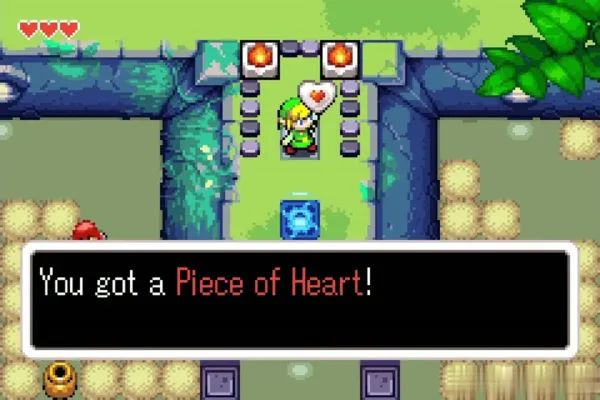 Link holding up the Piece of Heart on the Deepwood ledge Link holding up the Piece of Heart on the Deepwood ledge