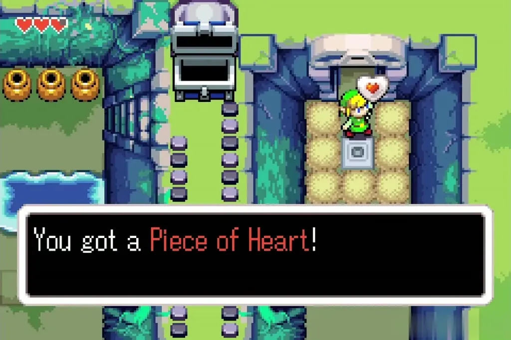 Link holding up the Piece of Heart in Deepwood Shrine Link holding up the Piece of Heart in Deepwood Shrine