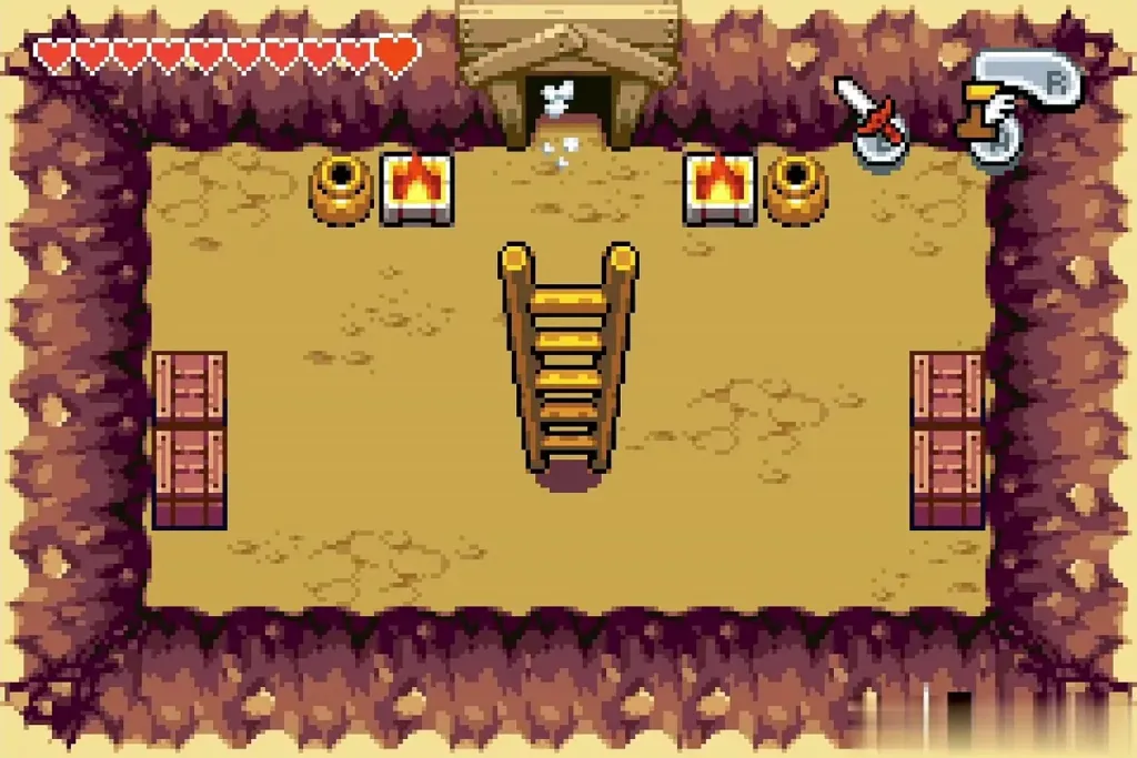 Cave room below the garden with the ladder and lit torches Cave room below the garden with the ladder and lit torches