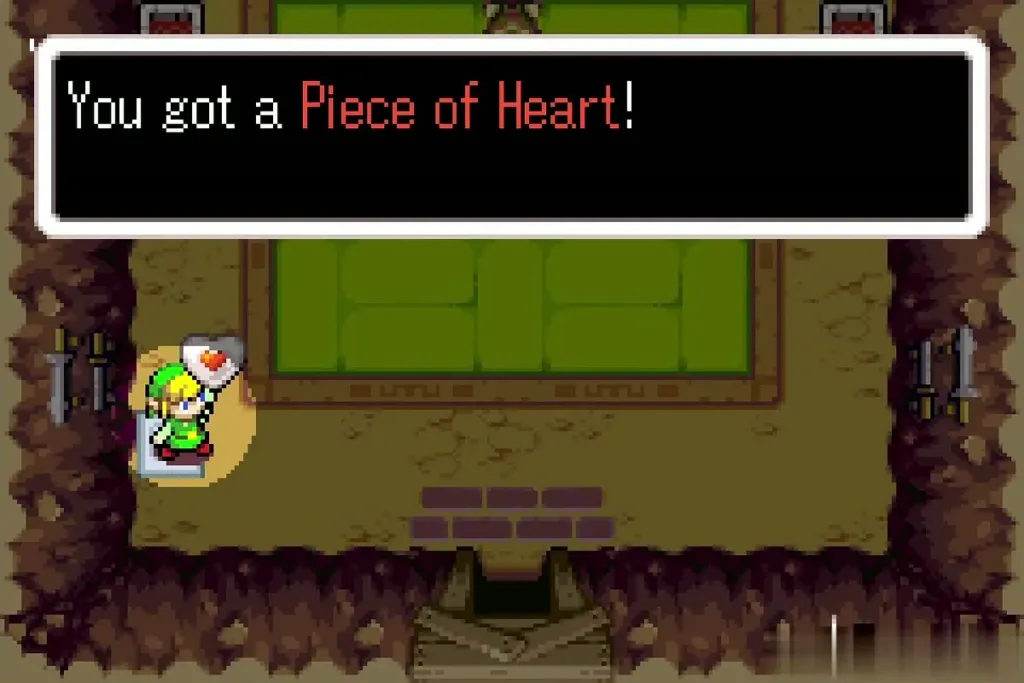 Link holding up the Piece of Heart in the garden dojo Link holding up the Piece of Heart in the garden dojo