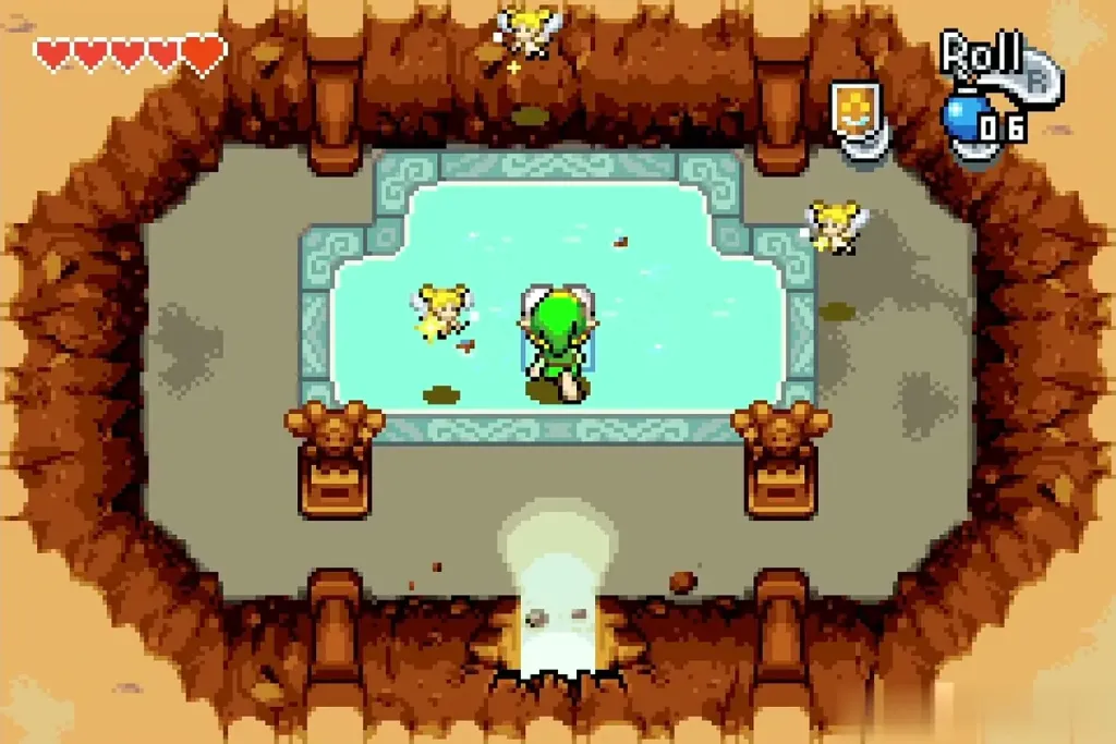 Link entering the fairy spring with fairies around the pool Link entering the fairy spring with fairies around the pool