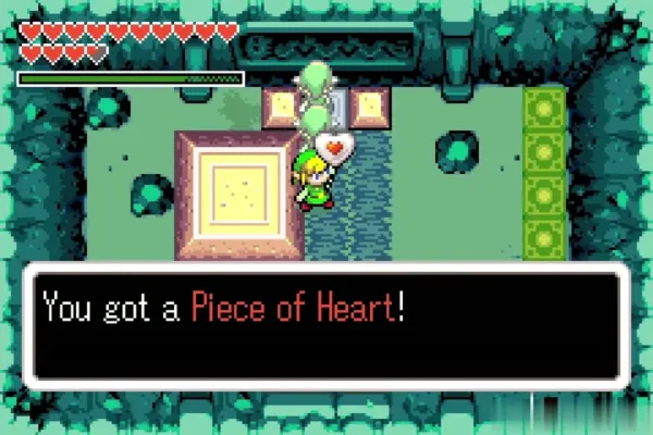 Link holding up the Piece of Heart in the Royal Valley grave cavern Link holding up the Piece of Heart in the Royal Valley grave cavern
