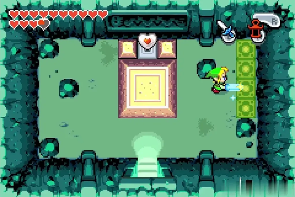 Link in the grave cavern firing a sword beam at the green switch tiles Link in the grave cavern firing a sword beam at the green switch tiles
