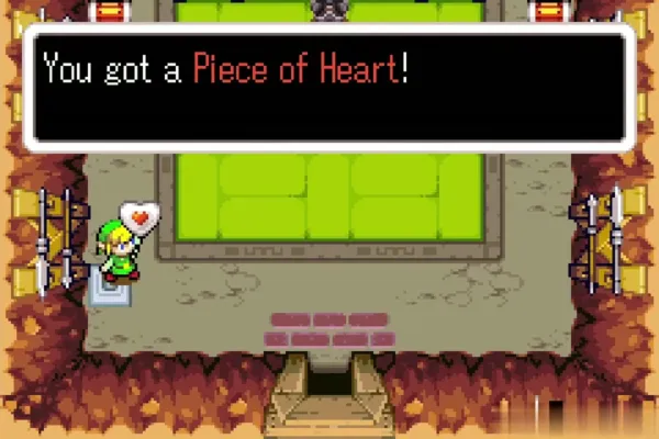 Link holding up the Piece of Heart in Grayblade's dojo hall Link holding up the Piece of Heart in Grayblade's dojo hall