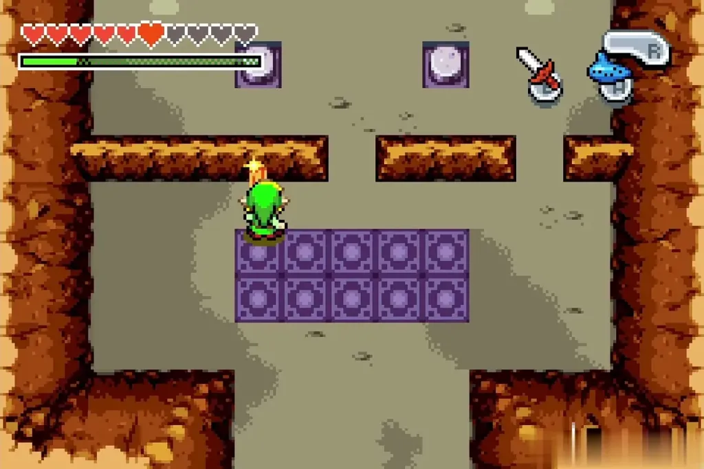 Link on the purple switch tiles in the block room of Grayblade's dojo Link on the purple switch tiles in the block room of Grayblade's dojo