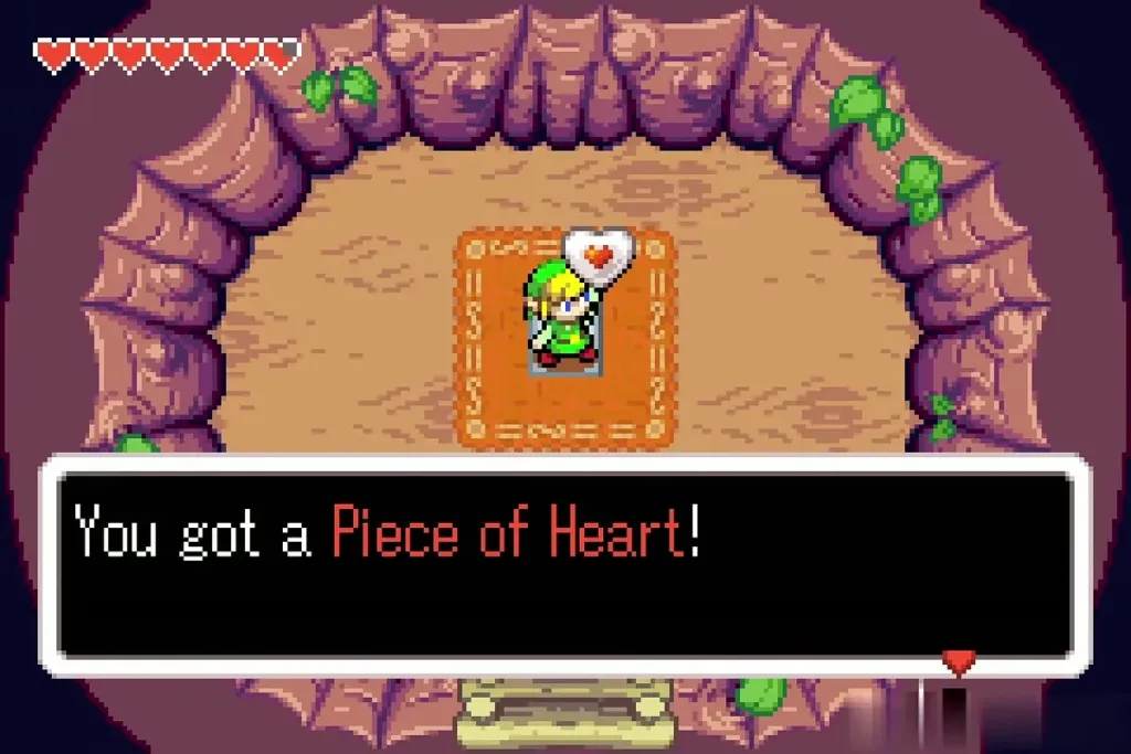 Link holding up the Piece of Heart inside the hollow tree Link holding up the Piece of Heart inside the hollow tree