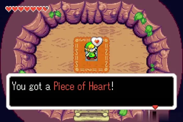 Link holding up the Piece of Heart inside the hollow tree Link holding up the Piece of Heart inside the hollow tree