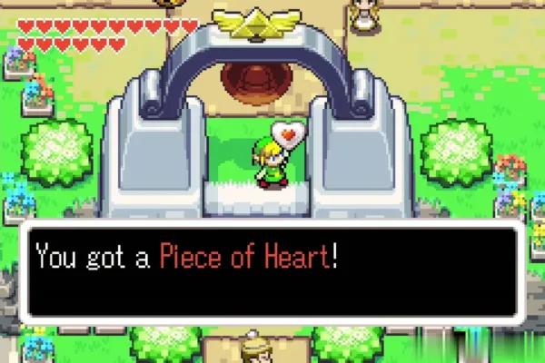 Link holding up the Piece of Heart under the Hyrule Town bell Link holding up the Piece of Heart under the Hyrule Town bell