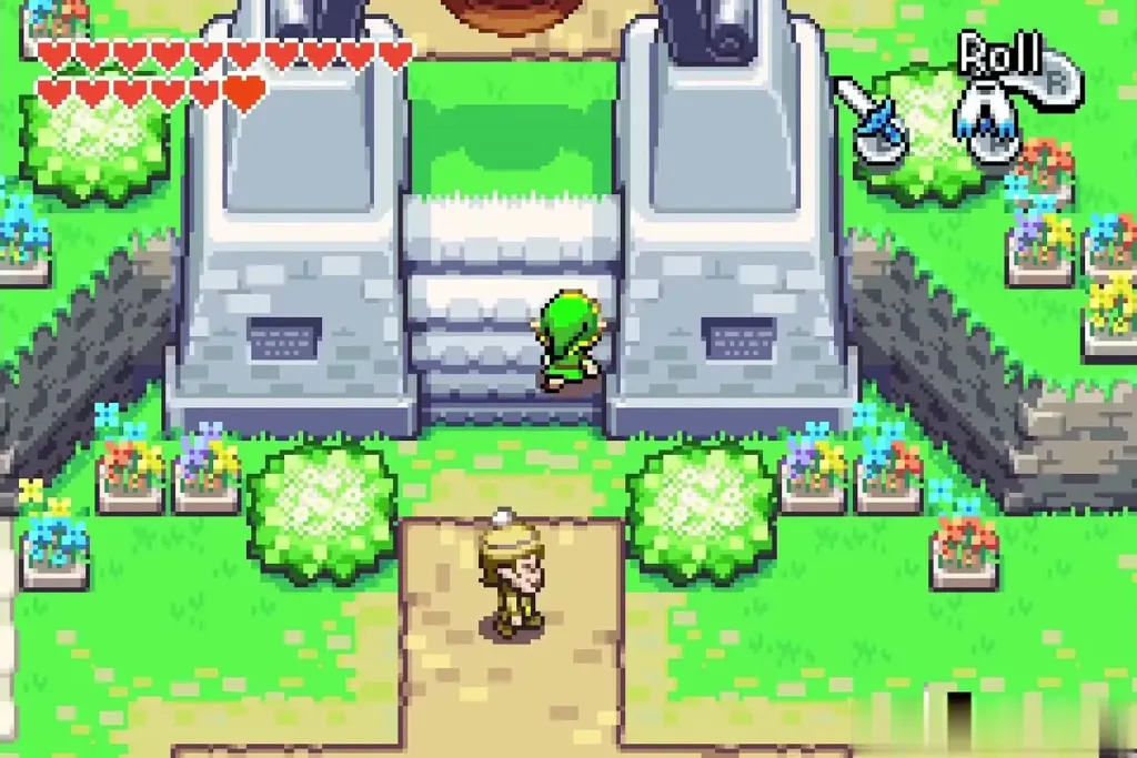 Link walking up the steps toward the Hyrule Town gate Link walking up the steps toward the Hyrule Town gate