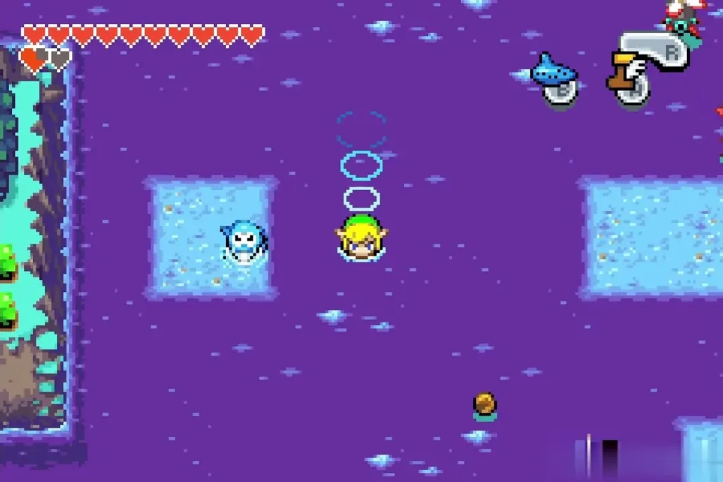 Link swimming across open water toward the grassy island Link swimming across open water toward the grassy island