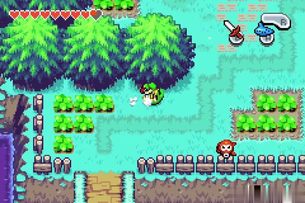 Link walking the Lake Hylia shore toward the red-roofed house Link walking the Lake Hylia shore toward the red-roofed house