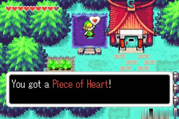 Link holding up the Piece of Heart by the pond beside the red-roofed house Link holding up the Piece of Heart by the pond beside the red-roofed house