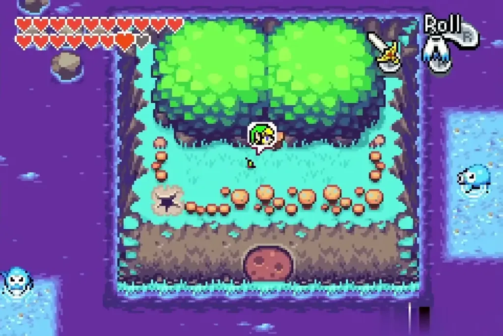 Minish-size Link at the stump on Lake Hylia with a white puff over it
