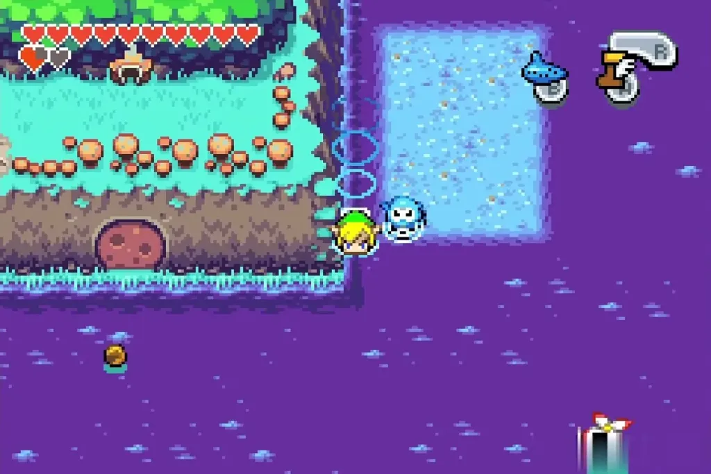 Link swimming across Lake Hylia past a small island Link swimming across Lake Hylia past a small island