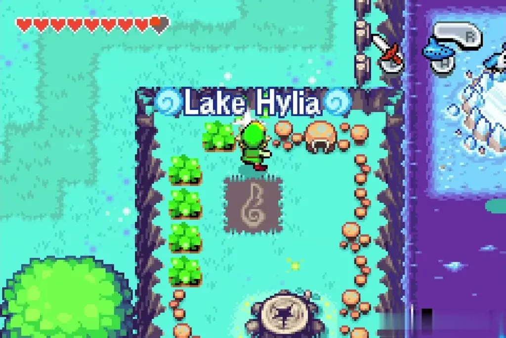 Link at the Lake Hylia Wind Crest with the stump below Link at the Lake Hylia Wind Crest with the stump below