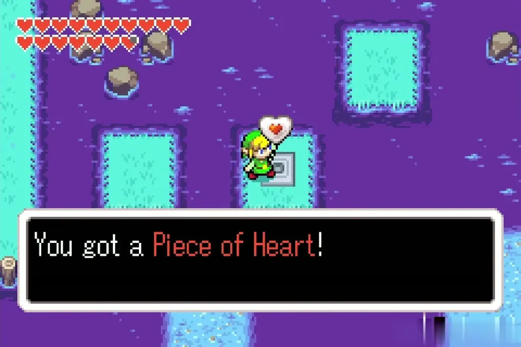Link holding up the Piece of Heart on the tiny island Link holding up the Piece of Heart on the tiny island