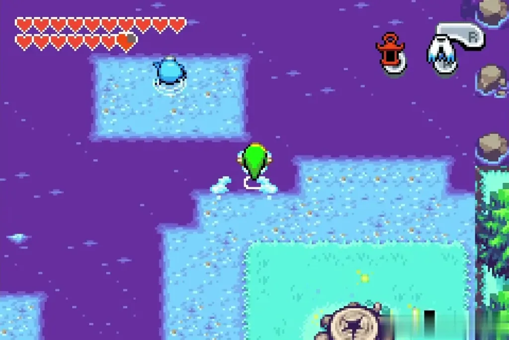 Link crossing the shore gaps beside a small grassy islet in the lake Link crossing the shore gaps beside a small grassy islet in the lake