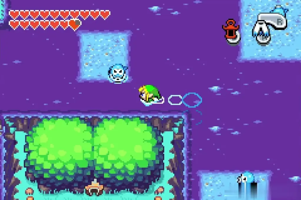 Link swimming through the deep water north of the Temple of Droplets Link swimming through the deep water north of the Temple of Droplets