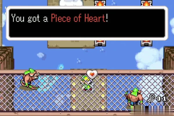 Link holding up the Piece of Heart on the mesh bridge with Moblins nearby Link holding up the Piece of Heart on the mesh bridge with Moblins nearby