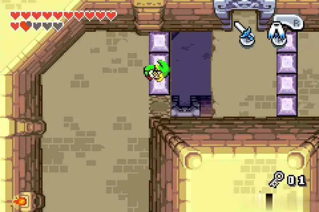 Link in the Palace of Winds room with the hole and purple blocks Link in the Palace of Winds room with the hole and purple blocks